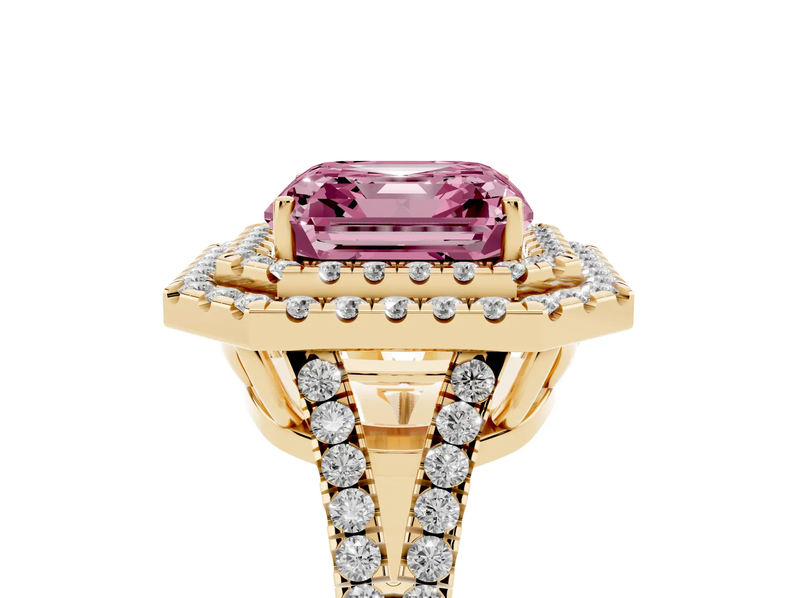 Fancy Pink Asscher Cut Diamond Double Halo Ring with Pavé Band and Prong Setting Yellow gold
