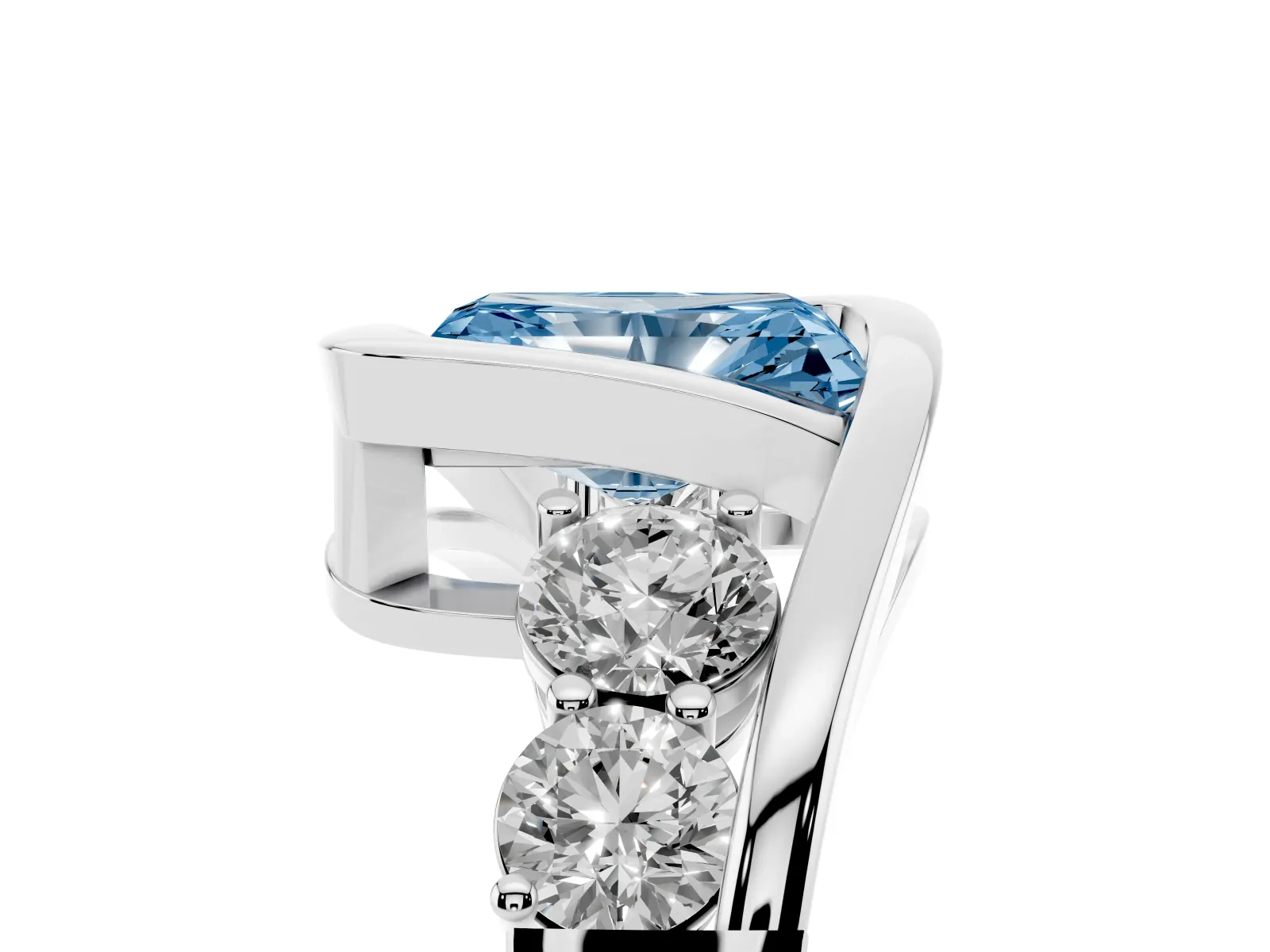 Fancy Blue Bezel Set Radiant Cut Diamond Bypass Ring with Round Accents White gold