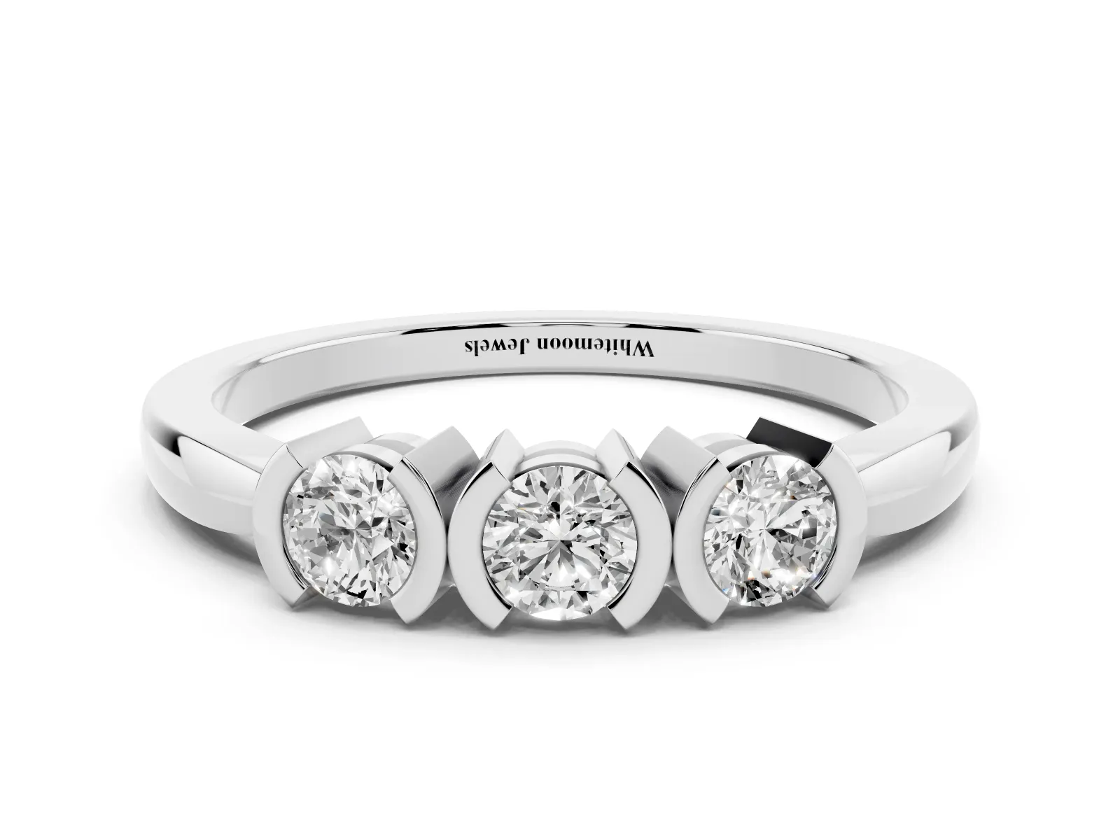 Three-Stone Round Diamond Half Bezel Prong Band Platinum
