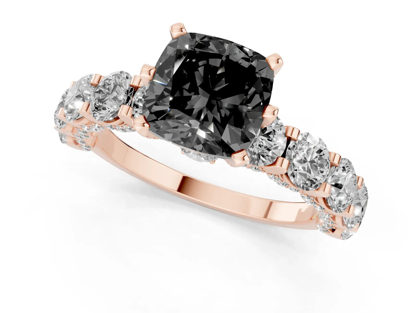 Fancy Black Cushion Cut Diamond Side Stone Engagement Ring with Four-Prong Setting Rose gold