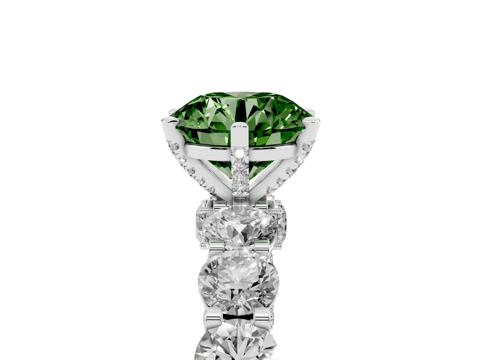 Fancy Green Round Cut Diamond Side Stone Engagement Ring with Four-Prong Setting White gold