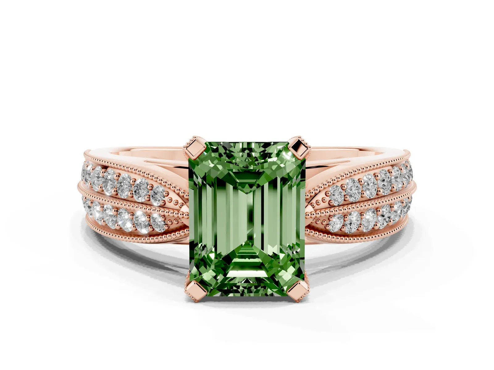 Fancy Green Emerald Cut Diamond Solitaire Ring with Milgrain Round Pavé Band and Prong Setting Rose gold