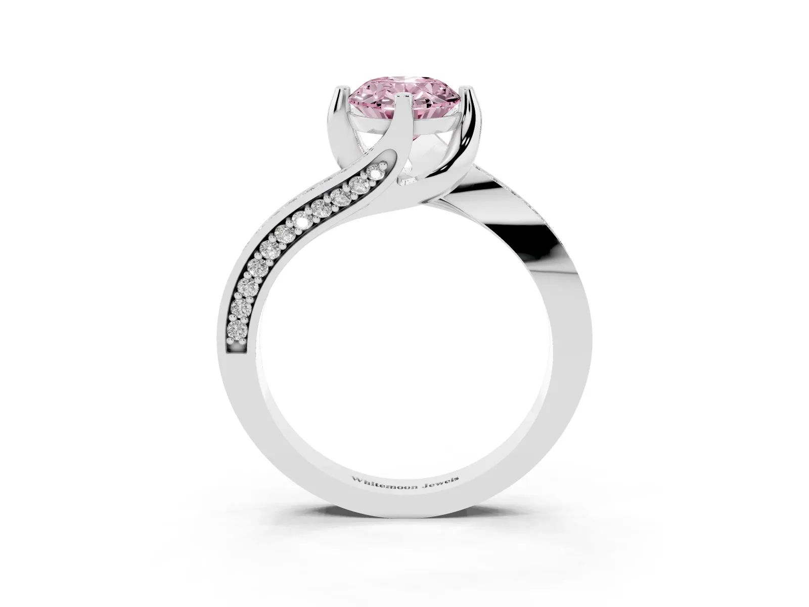 Fancy Pink Oval Cut Solitaire Diamond Twist Band with Pavé Setting and Four-Prong Setting Platinum