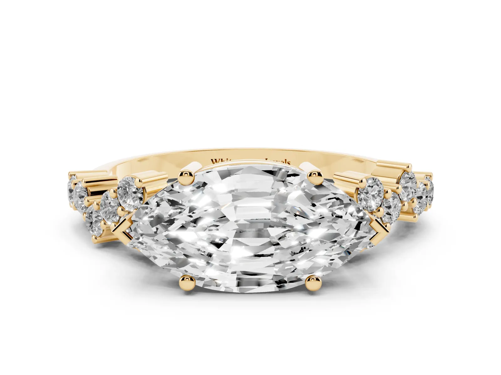 Marquise Cut Diamond Scattered Round Accent Ring with Prong Setting Yellow gold