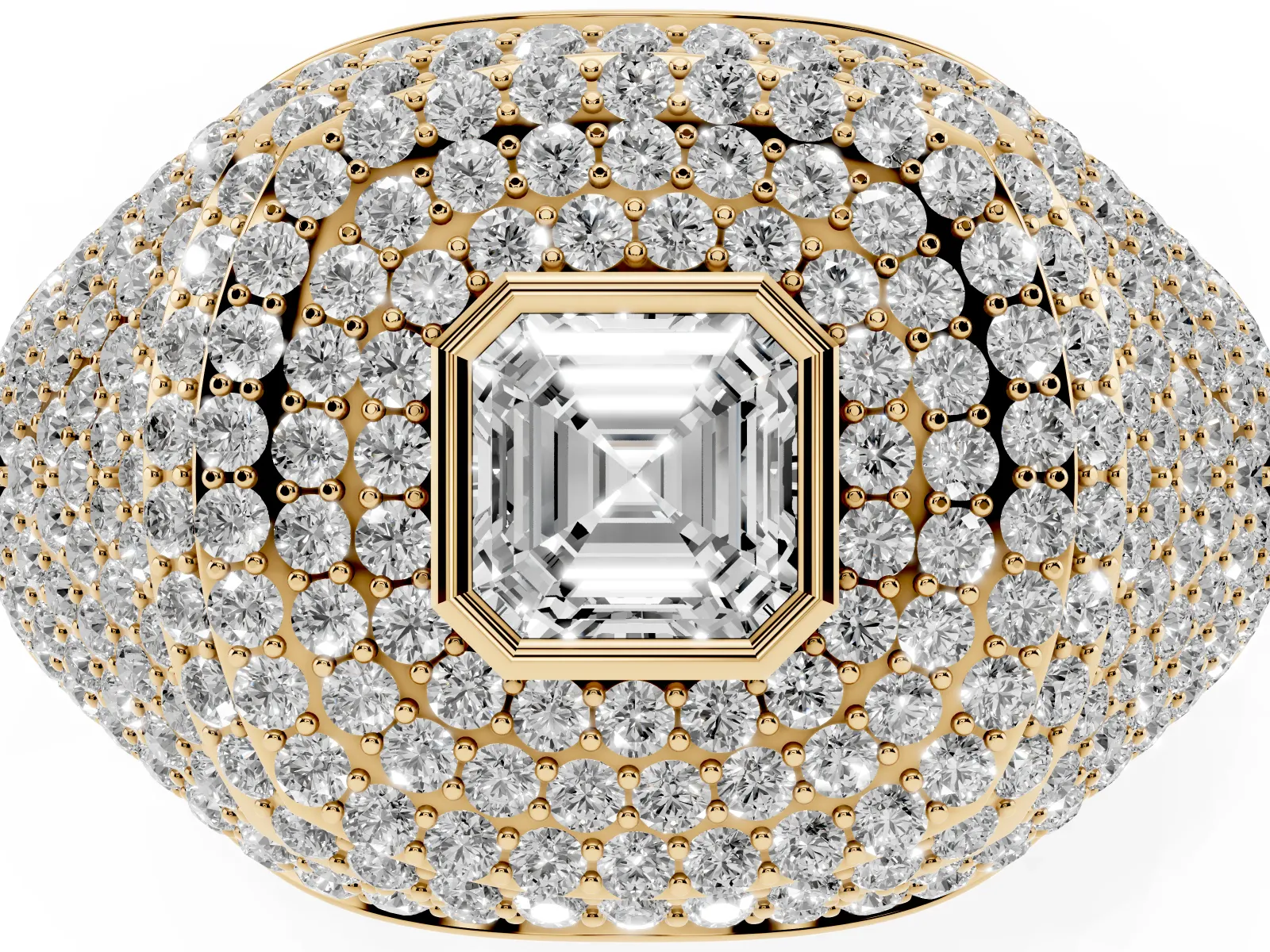 Asscher Cut Diamond Bezel Set Pavé Dome Mens Ring Yellow gold