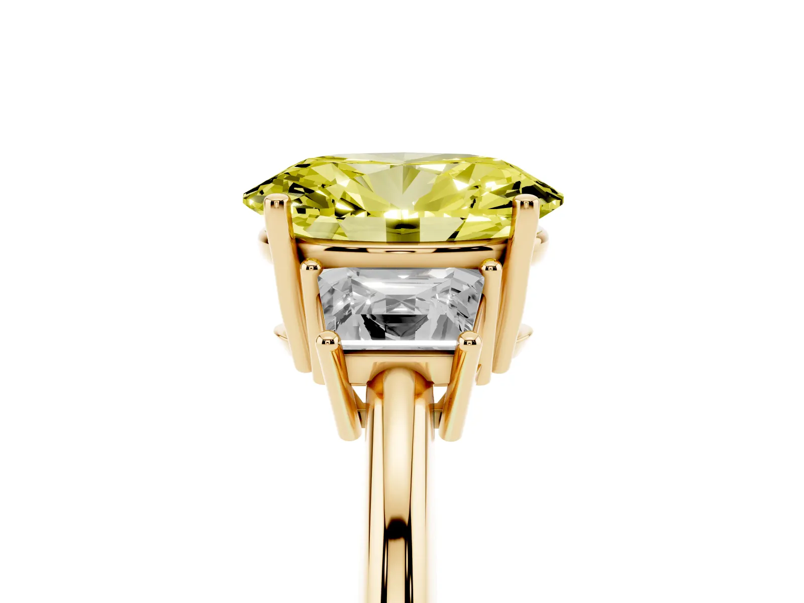 Fancy Yellow Oval Cut Diamond Three-Stone Ring with Trapezoid Side Stones and Prong Setting Yellow gold