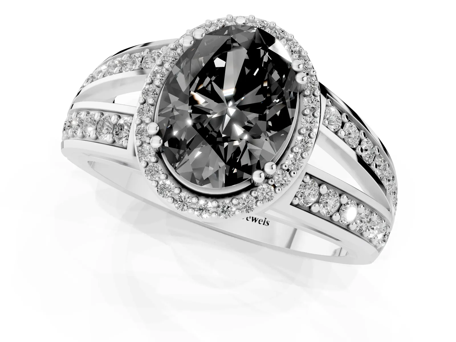 Fancy Black Oval Cut Diamond Halo Ring with Split Shank Pavé Band and Four-Prong Setting White gold