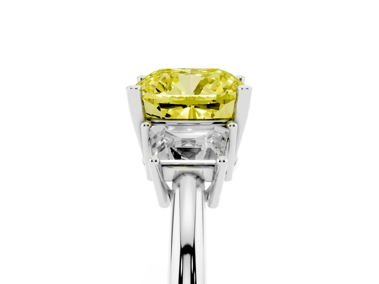 Fancy Yellow Cushion Cut Diamond Three-Stone Ring with Trapezoid Side Stones and Prong Setting Platinum