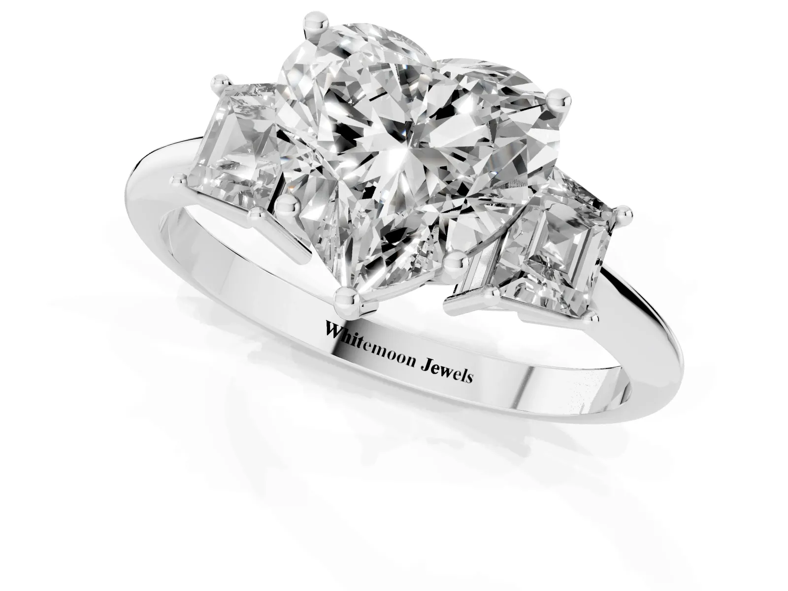 Heart Cut Diamond Three-Stone Ring with Trapezoid Side Stones and Prong Setting White gold