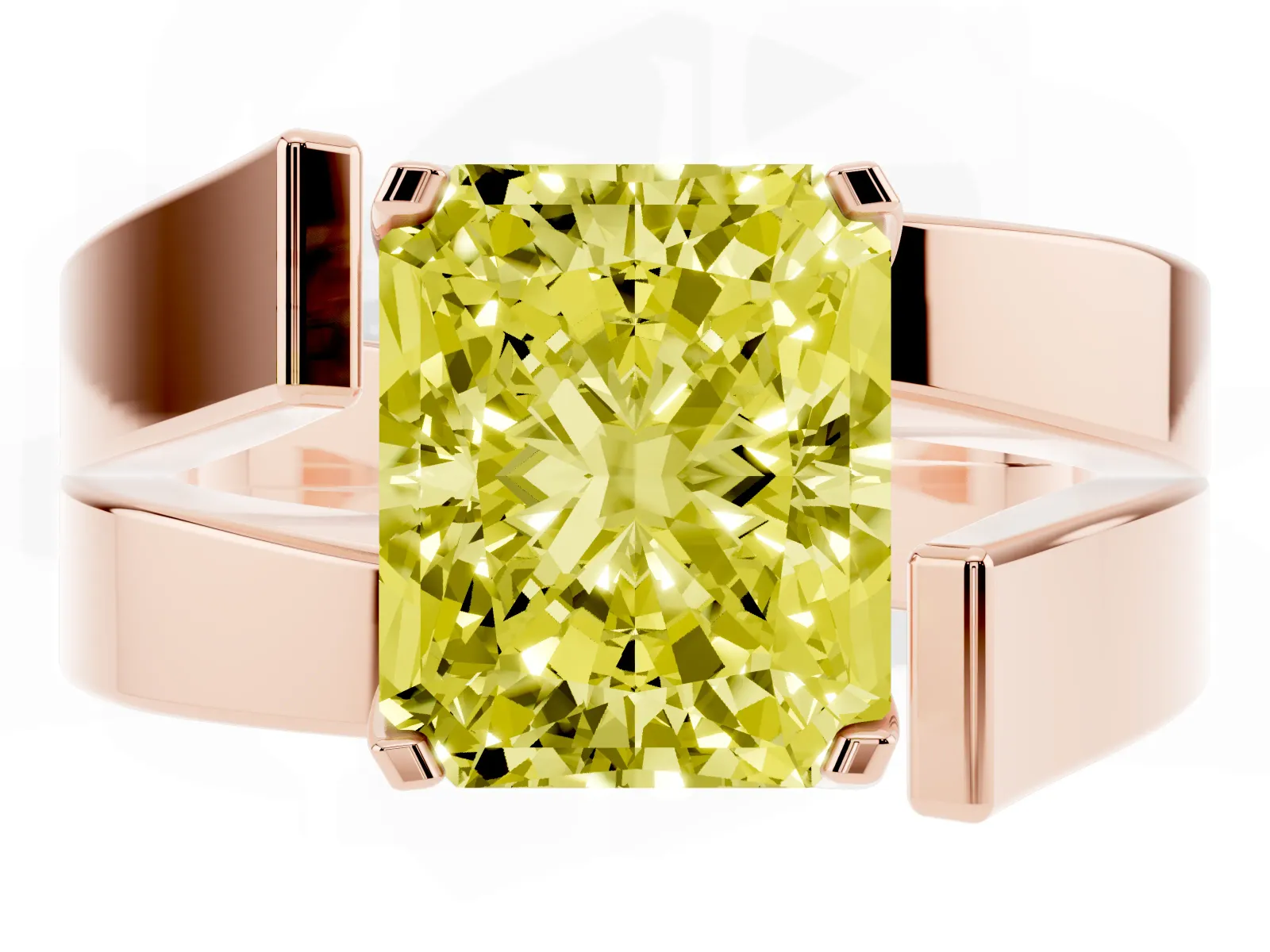 Fancy Yellow Modern Tension Set Radiant Cut Diamond Solitaire Wide Band Ring Rose gold