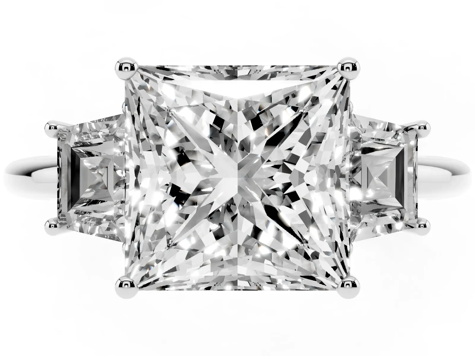 Princess Cut Diamond Three-Stone Ring with Trapezoid Side Stones and Prong Setting Silver