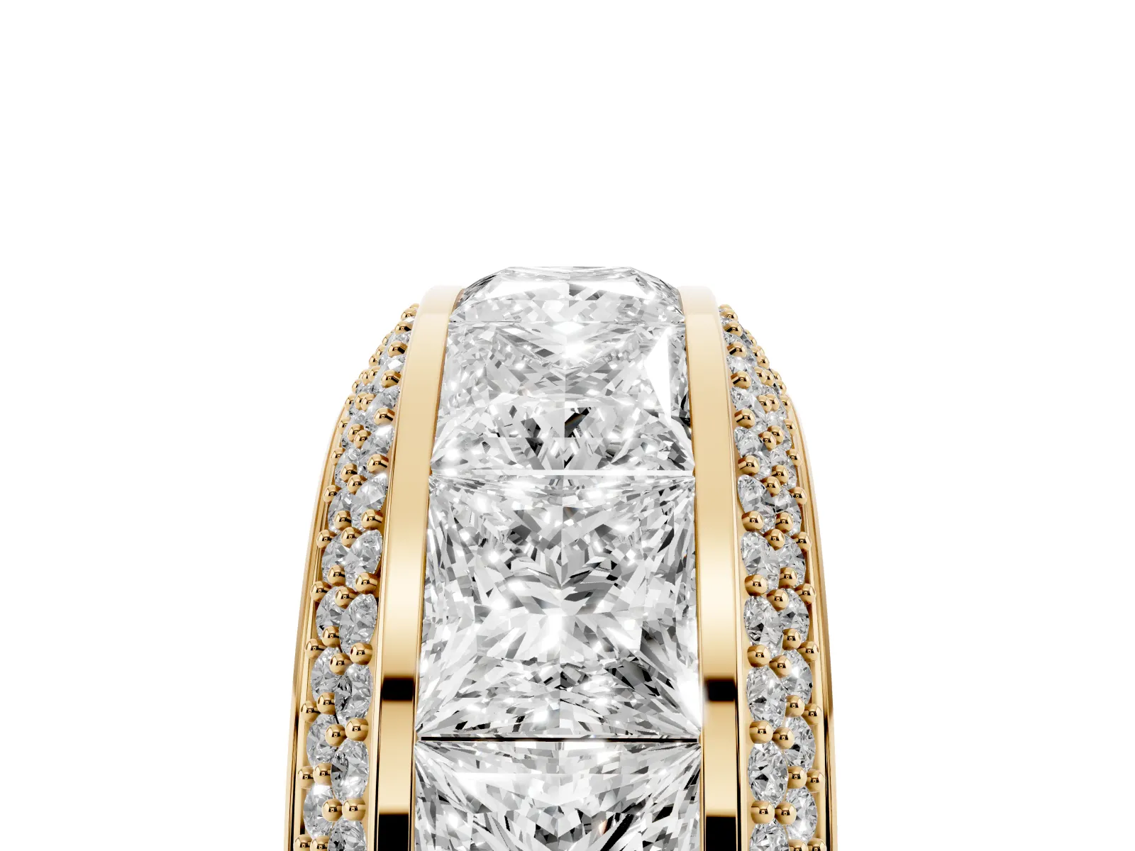 Princess Diamond Pavé Mens Wedding Band with Round Diamond Accents Yellow gold