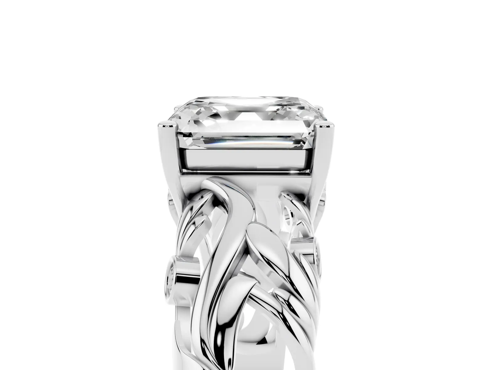 Asscher Cut Solitaire Diamond Leaf-Inspired Vine Band Ring with Prong Setting Silver