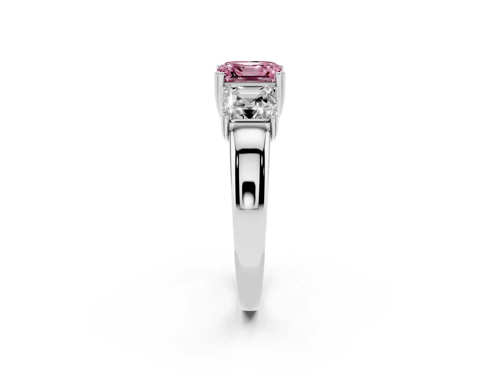 Fancy Pink Three-Stone Asscher Cut Cut Diamond Ring with Channel Set Band and Four-Prong Setting White gold