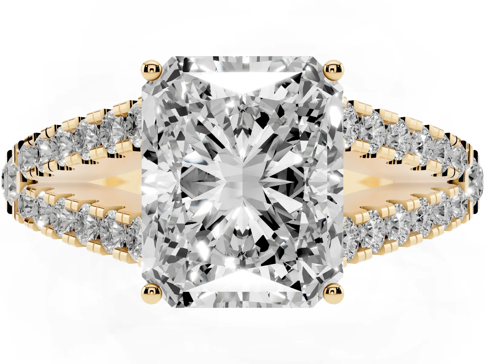 Radiant Cut Diamond Split Shank Engagement Ring with Round Pavé and Prong Setting Yellow gold