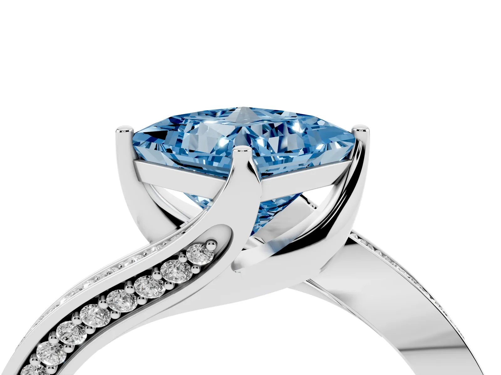 Fancy Blue Princess Cut Solitaire Diamond Twist Band with Pavé Setting and Four-Prong Setting Platinum