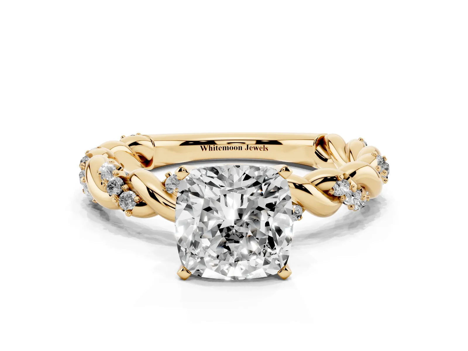 Cushion Cut Diamond Solitaire Ring with Twisted Band and Pavé Accents Yellow gold
