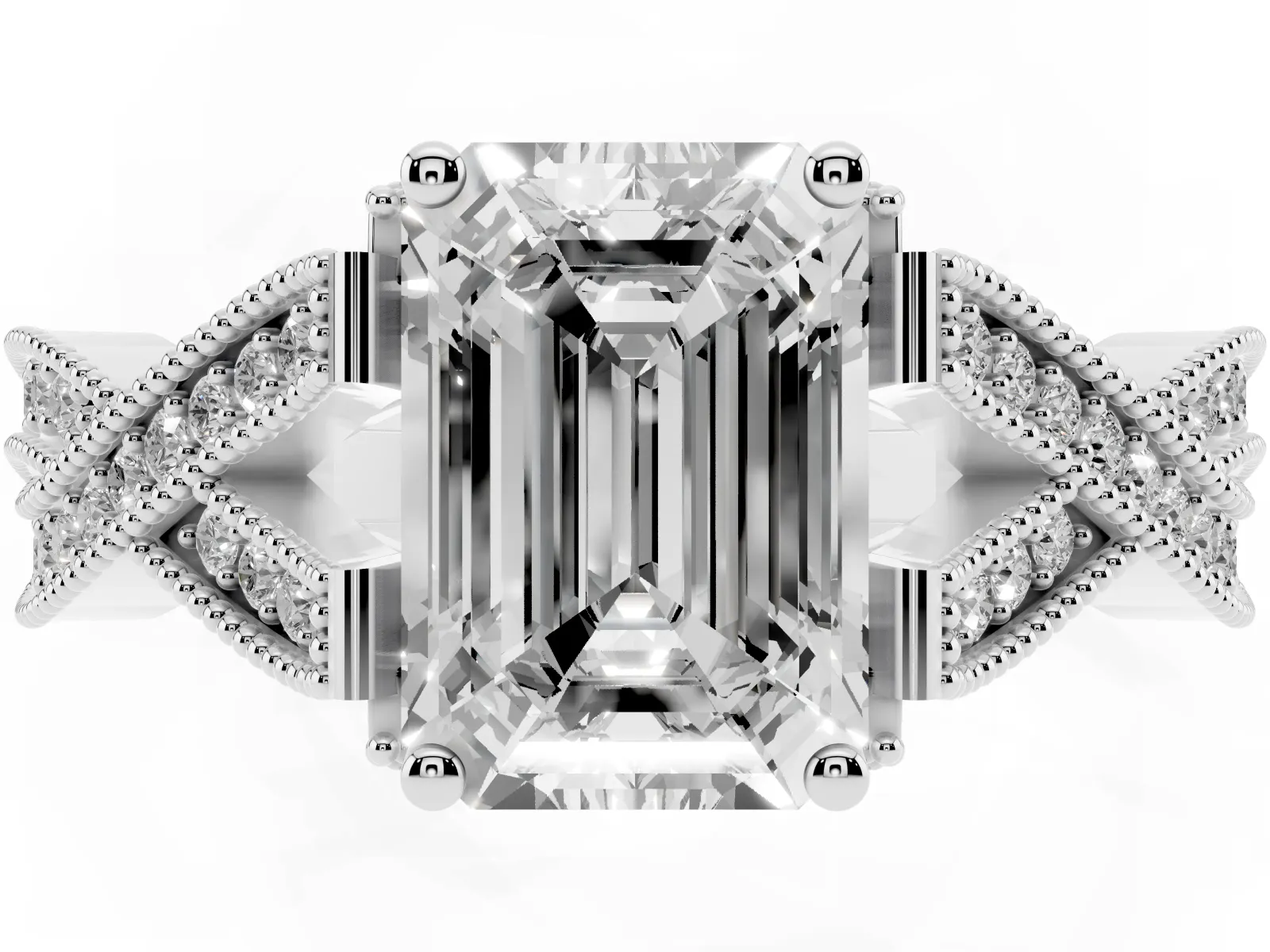 Emerald Cut Cut Diamond Twisted Band with Milgrain Pave Setting and Four-Prong Setting Platinum