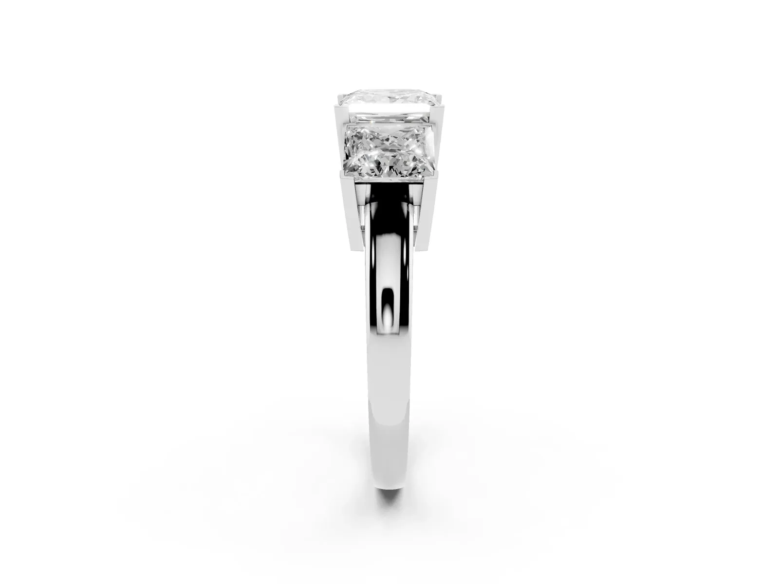 Three-Stone Princess Cut Cut Diamond Ring with Channel Set Band and Four-Prong Setting White gold