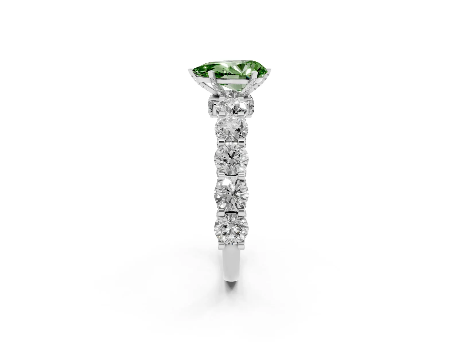 Fancy Green Pear Cut Diamond Side Stone Engagement Ring with Four-Prong Setting Platinum