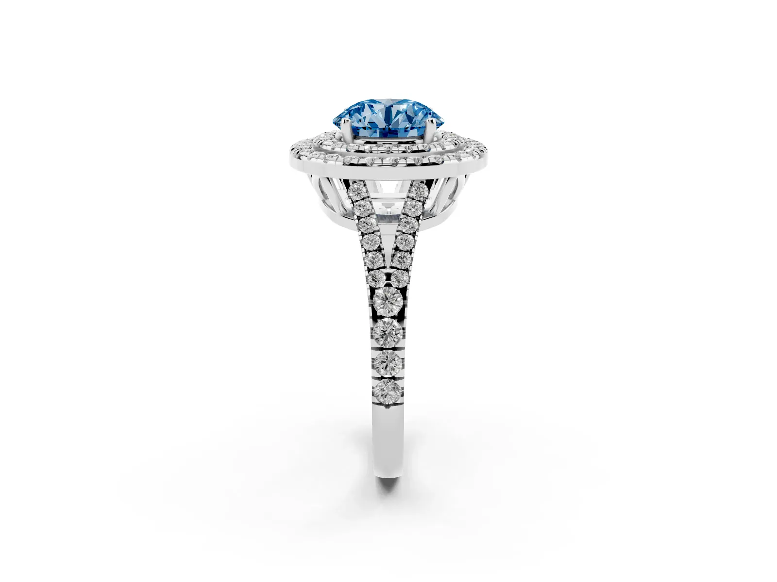 Fancy Blue Round Cut Diamond Double Halo Ring with Pavé Band and Prong Setting Platinum