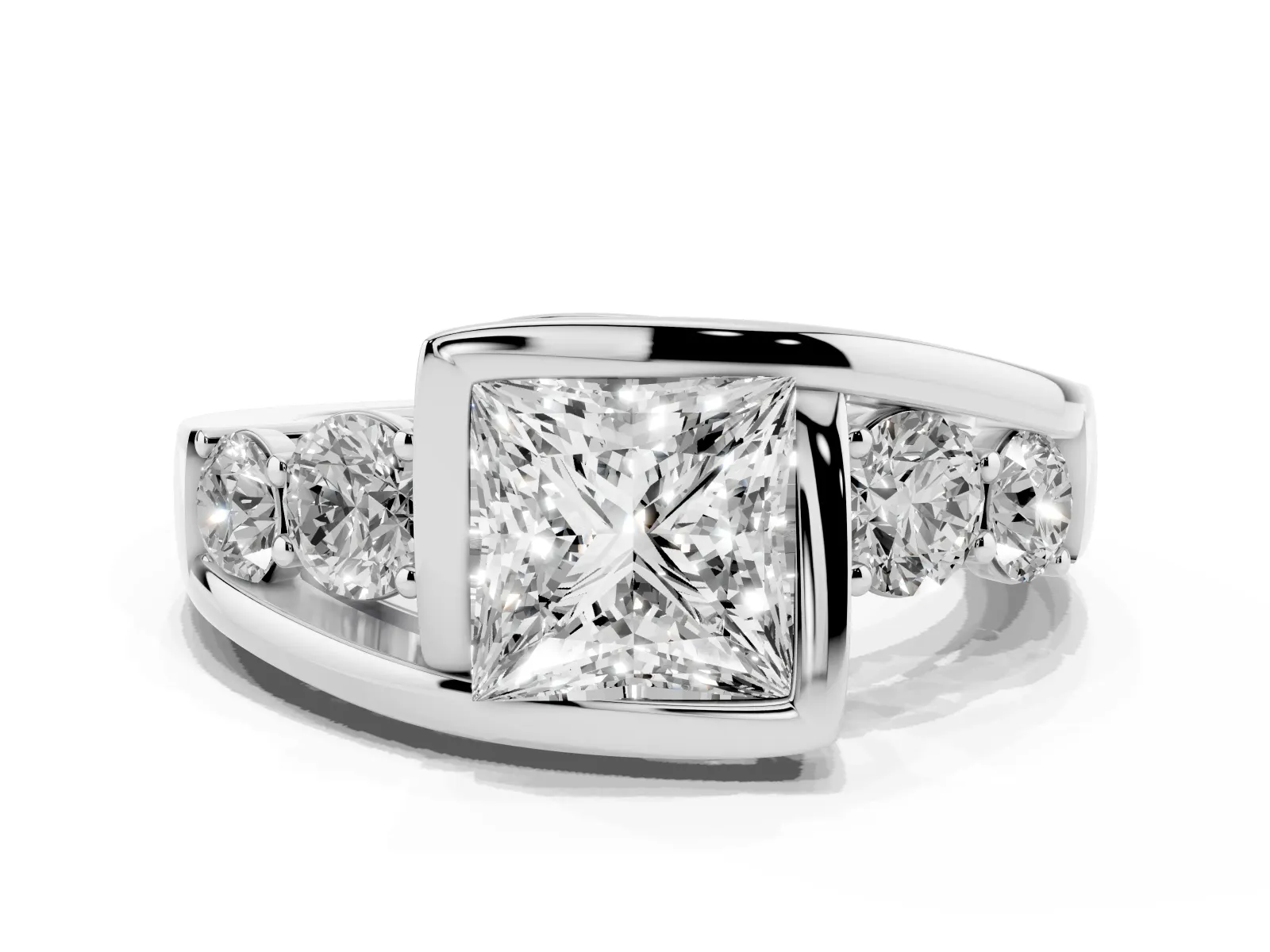 Bezel Set Princess Cut Diamond Bypass Ring with Round Accents Platinum