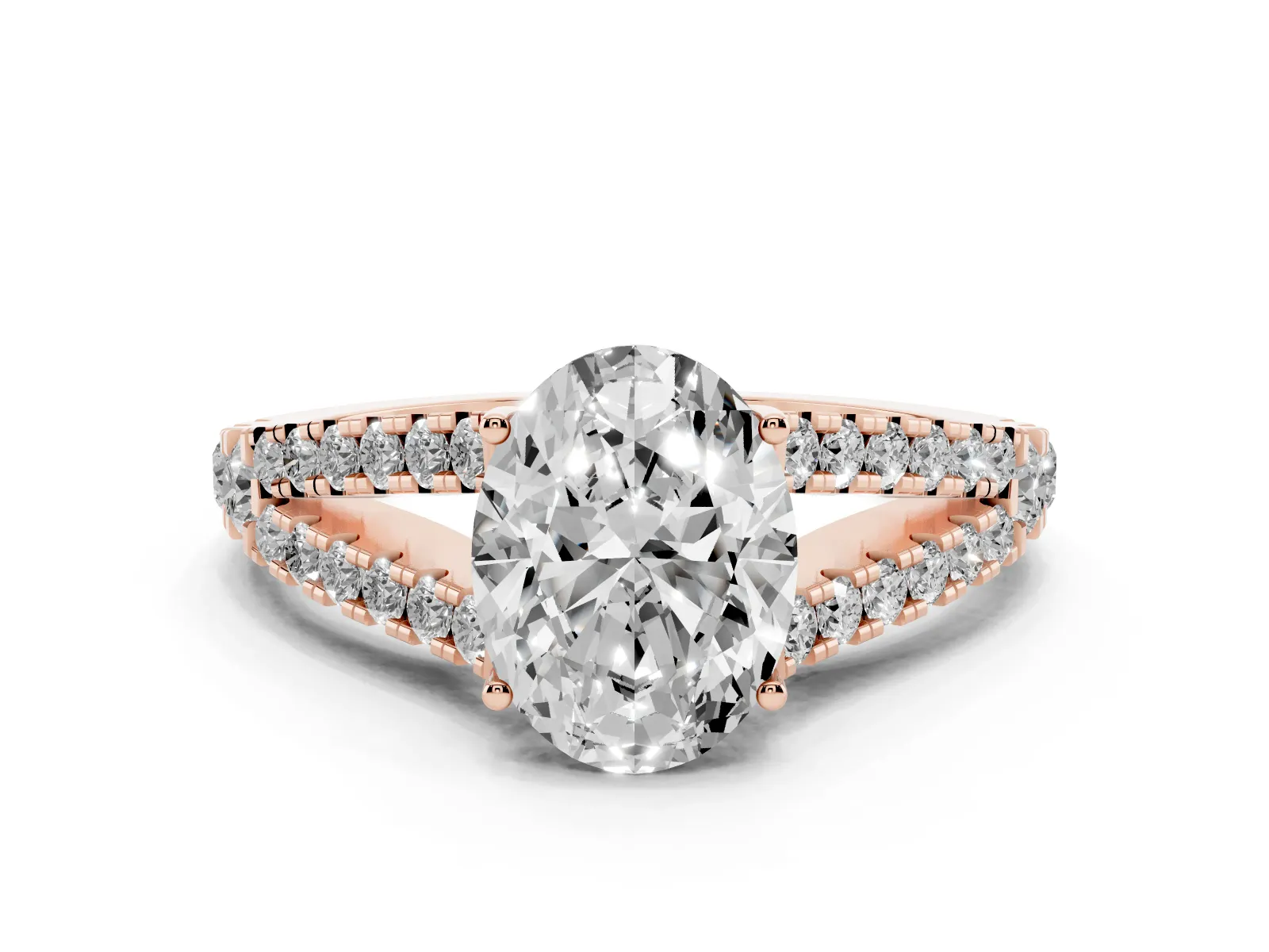 Oval Cut Diamond Split Shank Engagement Ring with Round Pavé and Prong Setting Rose gold
