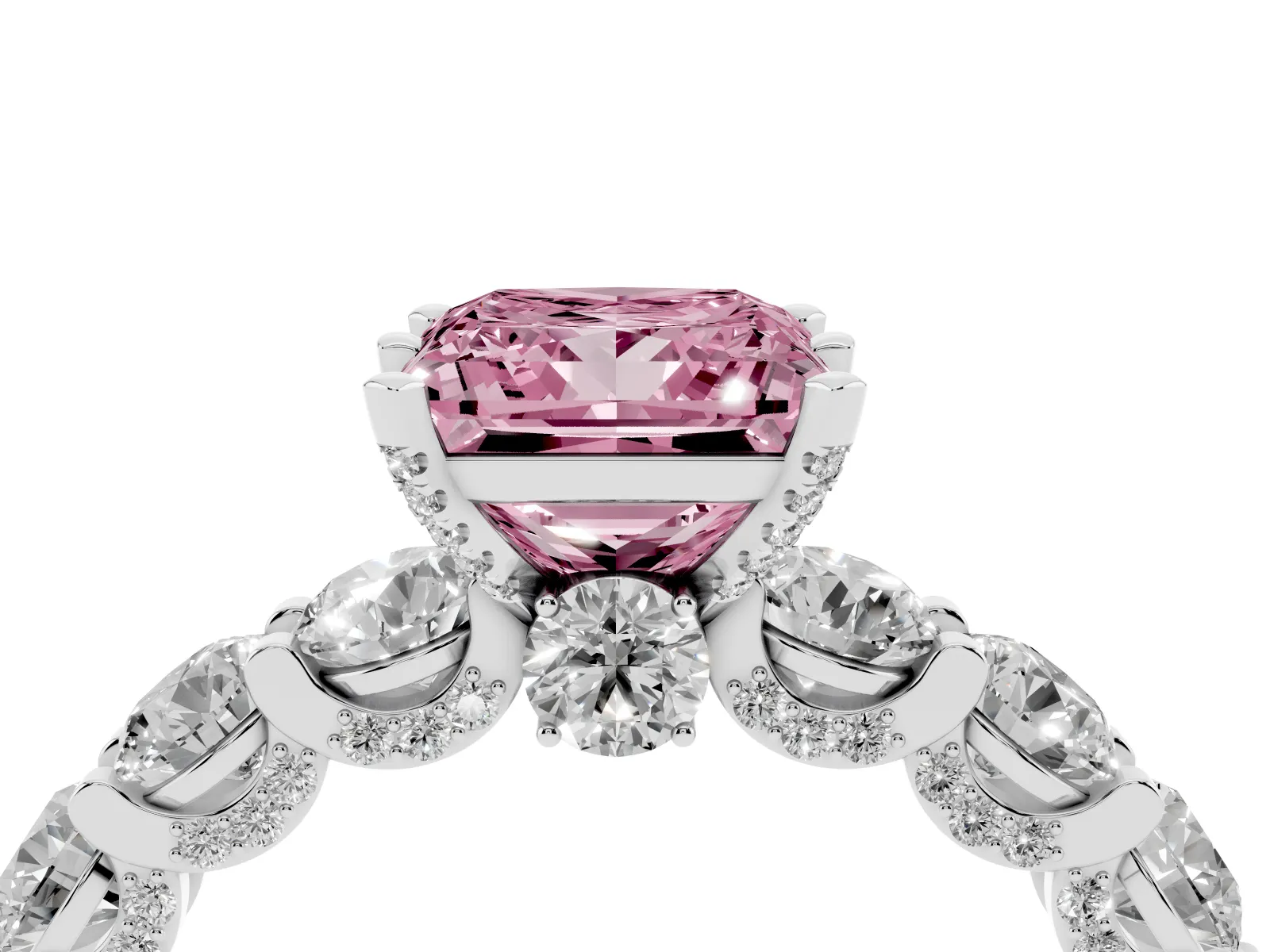 Fancy Pink Princess Cut Diamond Side Stone Engagement Ring with Four-Prong Setting Platinum