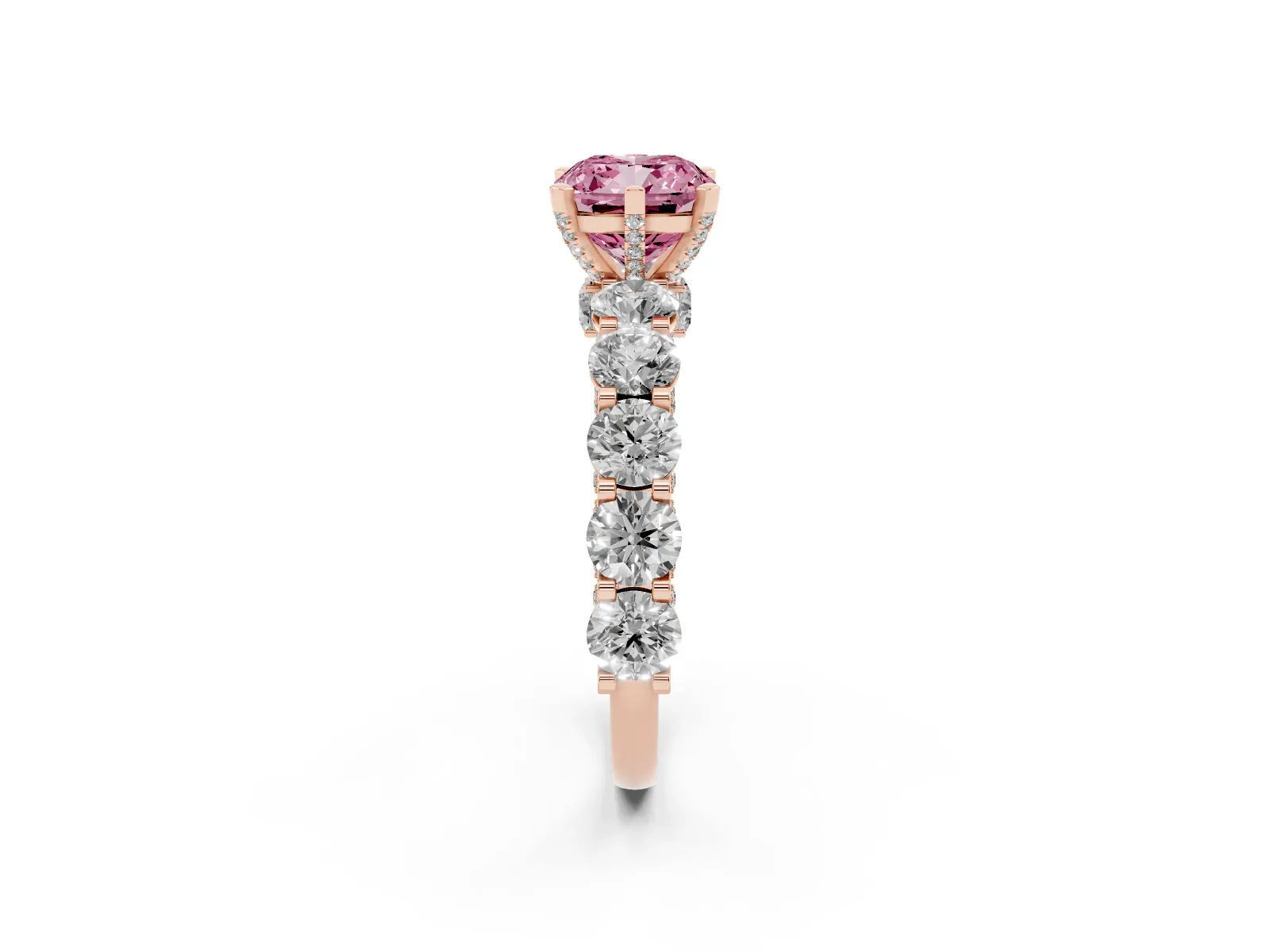 Fancy Pink Cushion Cut Diamond Side Stone Engagement Ring with Four-Prong Setting Rose gold