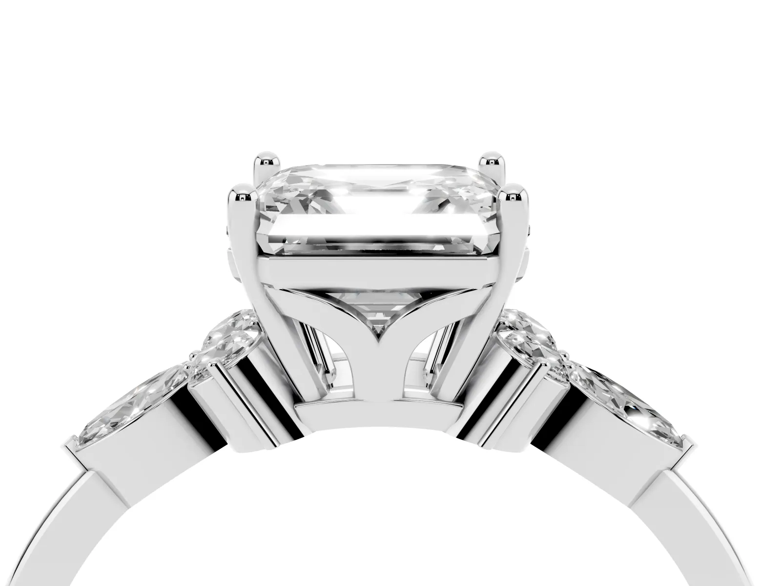 Asscher Cut Brilliant Diamond Solitaire Ring with Pear Side Stones and Four-Prong Setting Platinum