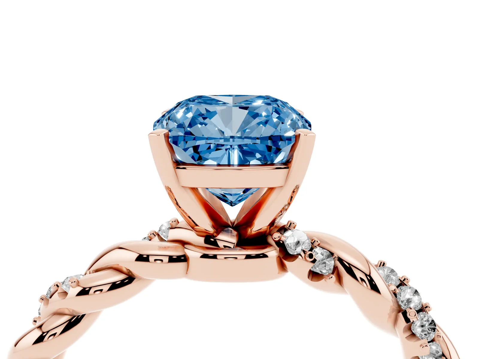 Fancy Blue Cushion Cut Diamond Solitaire Ring with Twisted Band and Pavé Accents Rose gold