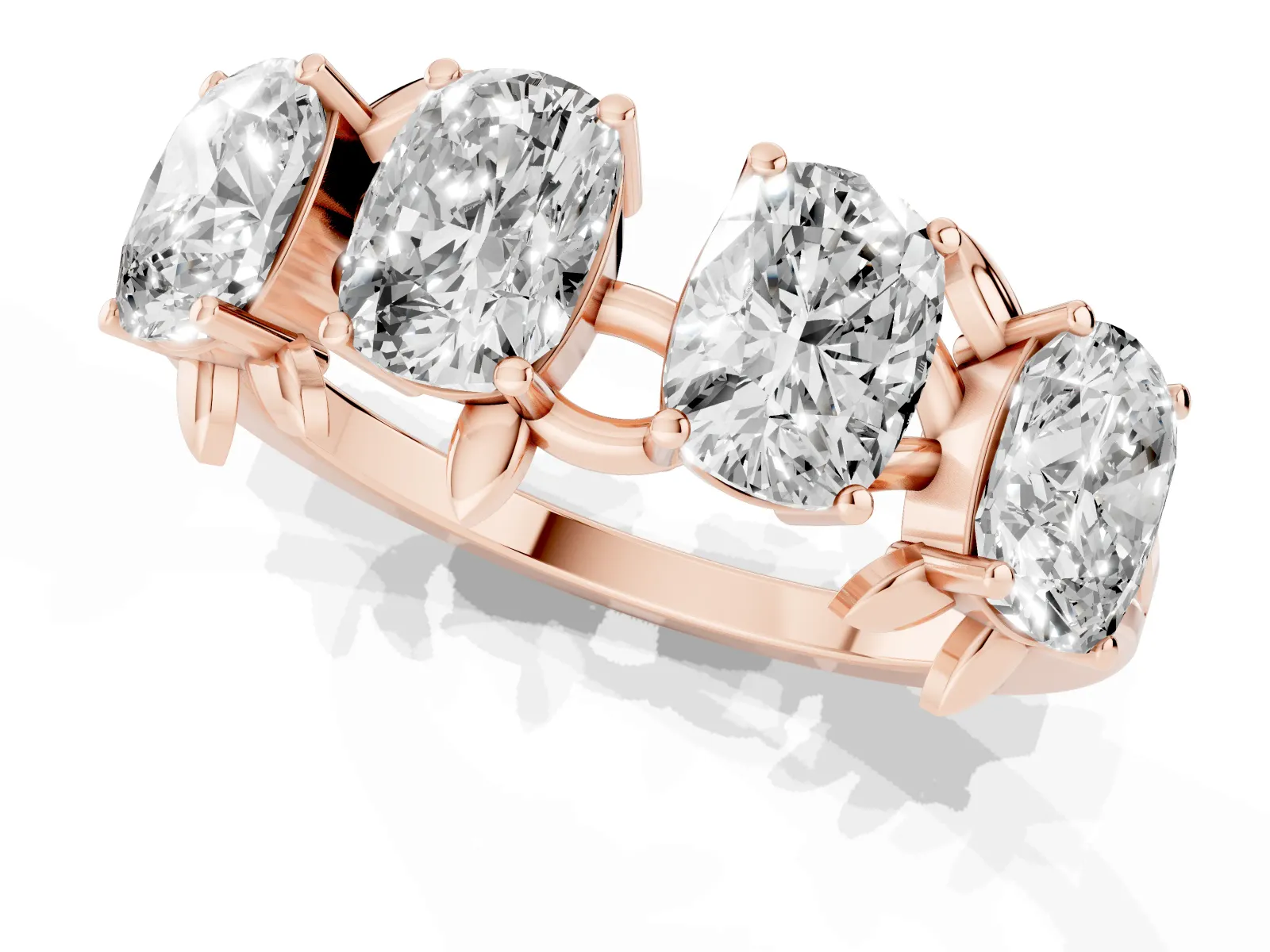 Four-Stone Elongated Cushion Diamond Band with Nature-Inspired Prong Setting Rose gold