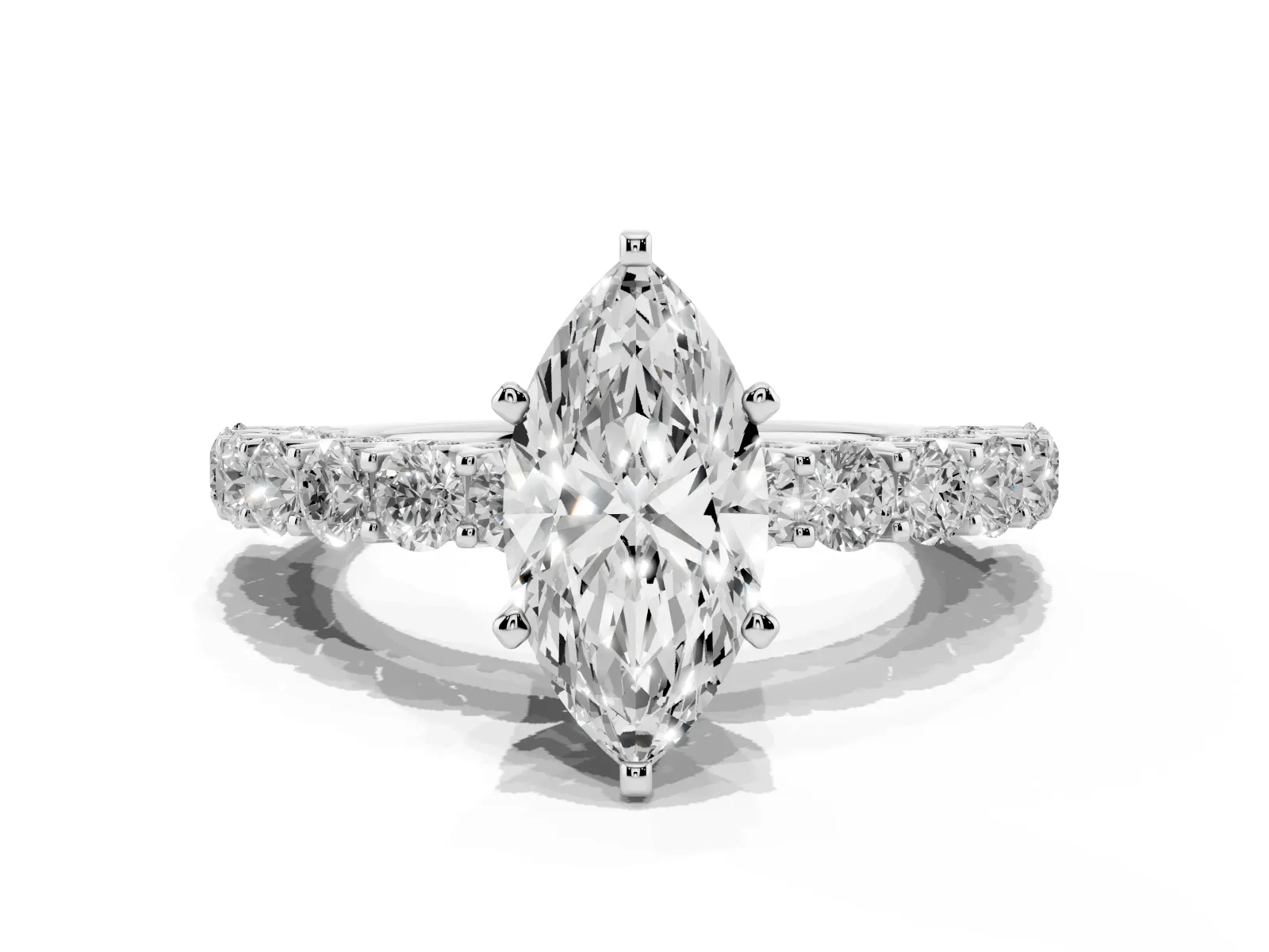 Marquise Cut Diamond Solitaire Ring with Shared Prong Pavé Band and Four-Prong Setting White gold