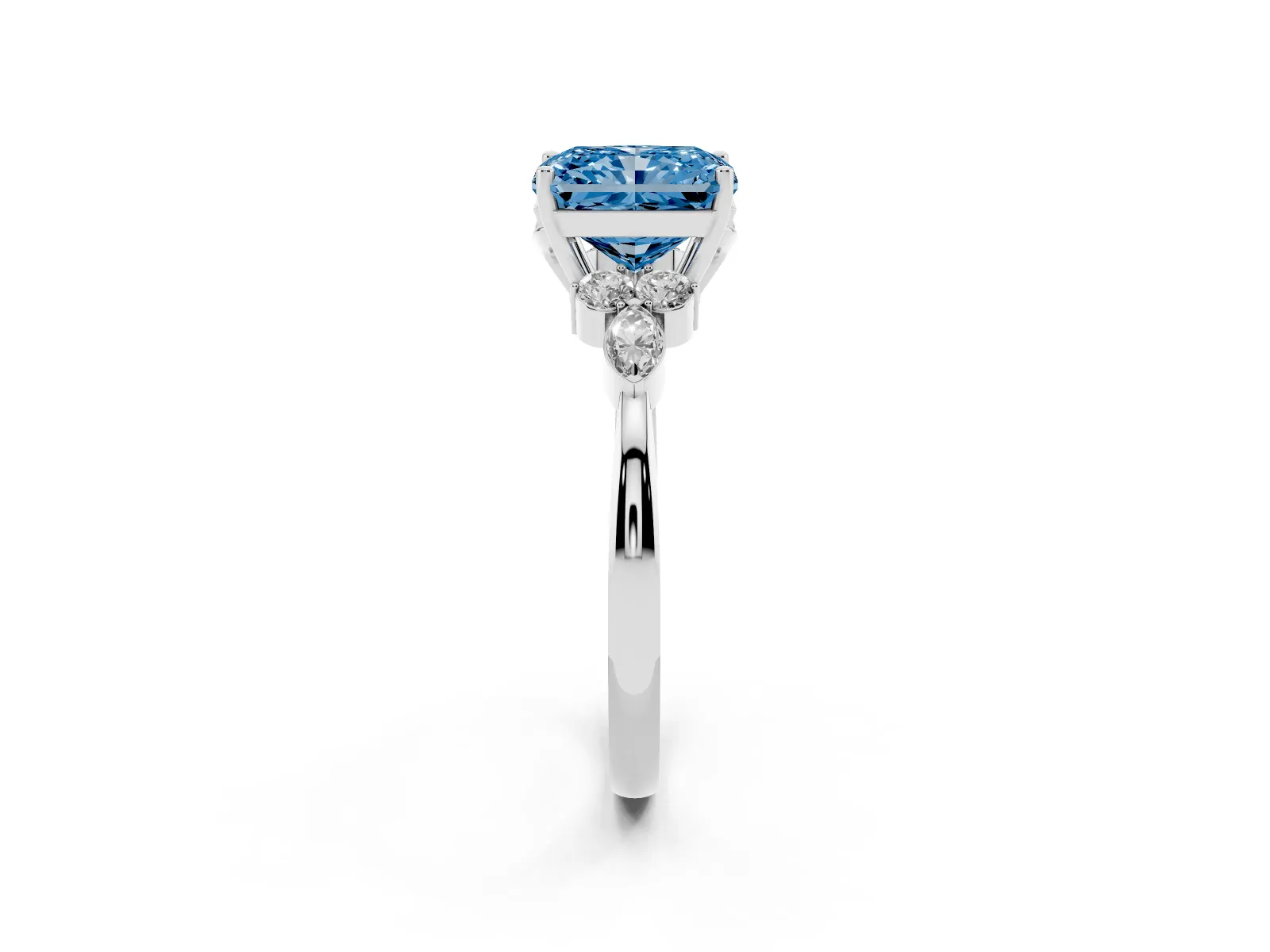 Fancy Blue Radiant Cut Brilliant Diamond Solitaire Ring with Pear Side Stones and Four-Prong Setting White gold