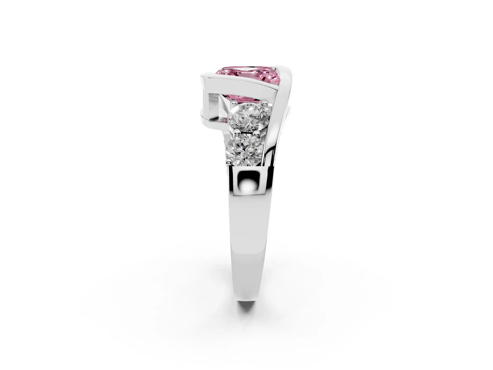 Fancy Pink Bezel Set Asscher Cut Diamond Bypass Ring with Round Accents Platinum
