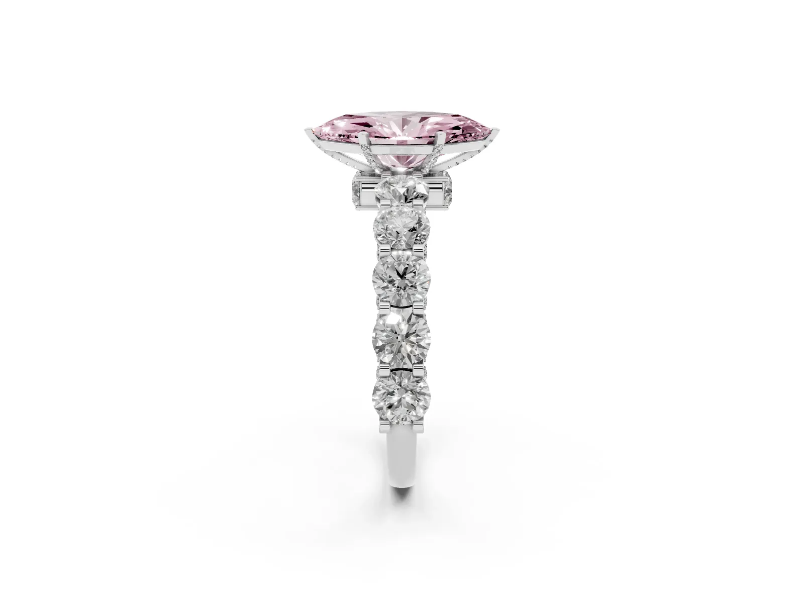 Fancy Pink Marquise Cut Diamond Side Stone Engagement Ring with Four-Prong Setting Platinum