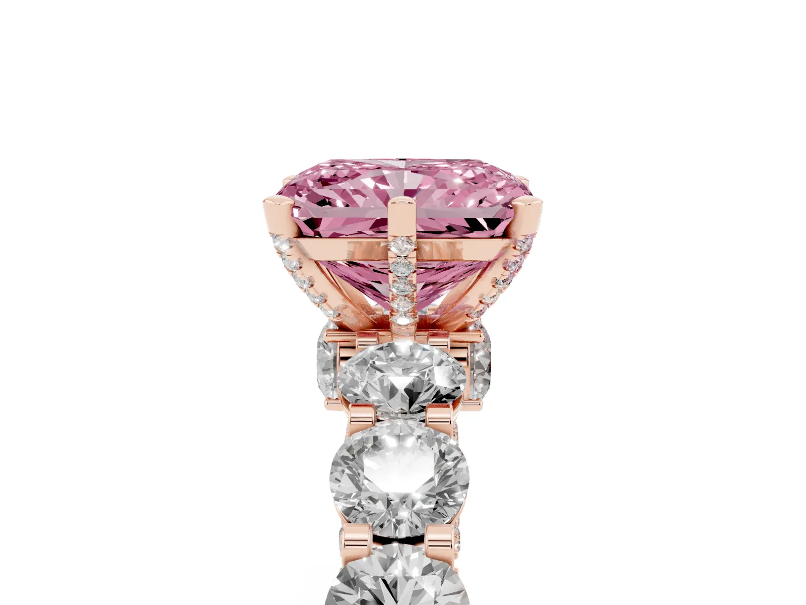 Fancy Pink Radiant Cut Diamond Side Stone Engagement Ring with Four-Prong Setting Rose gold