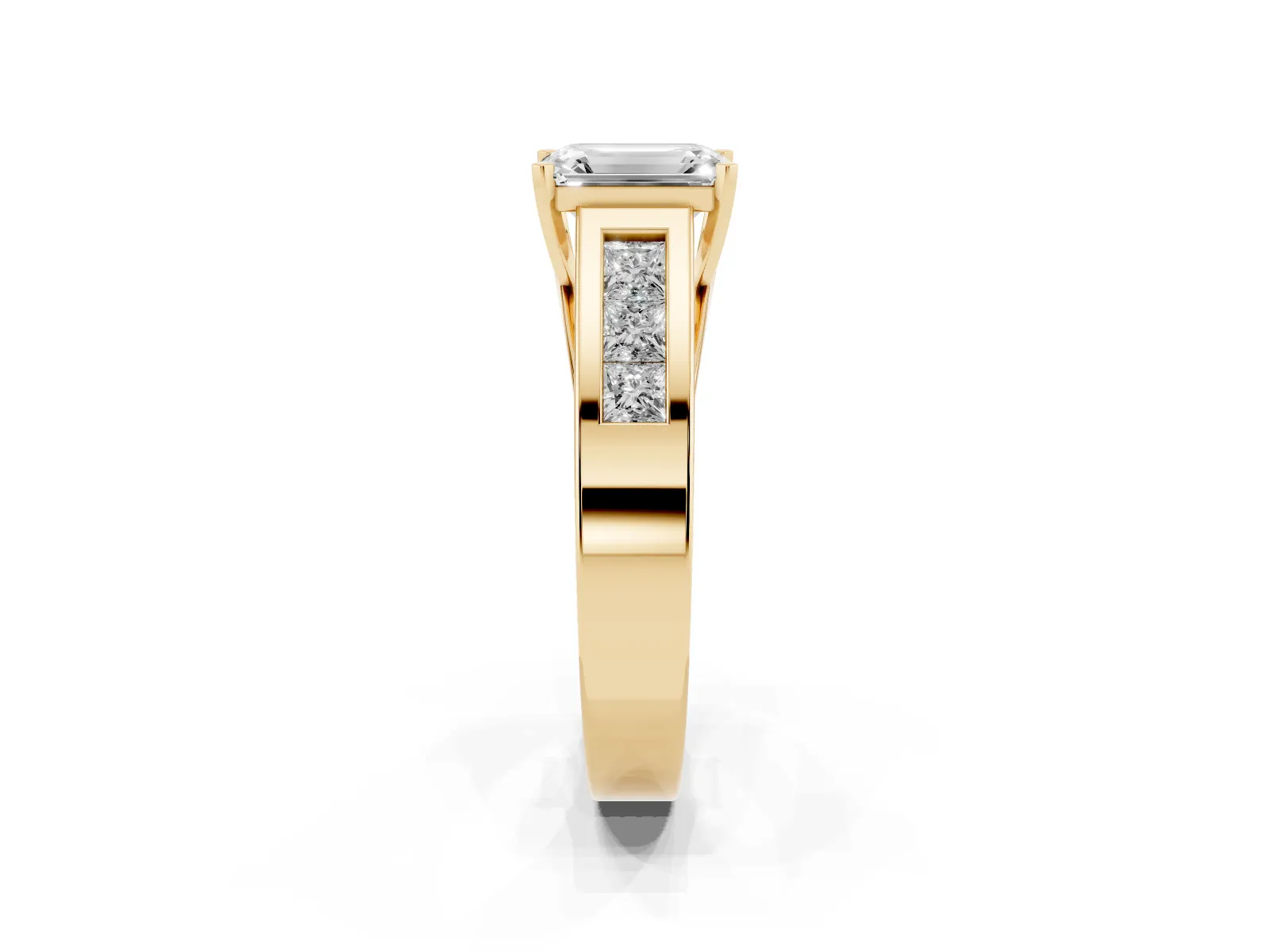 Emerald Cut Cut Channel Set Solitaire Ring with Four-Prong Setting Yellow gold