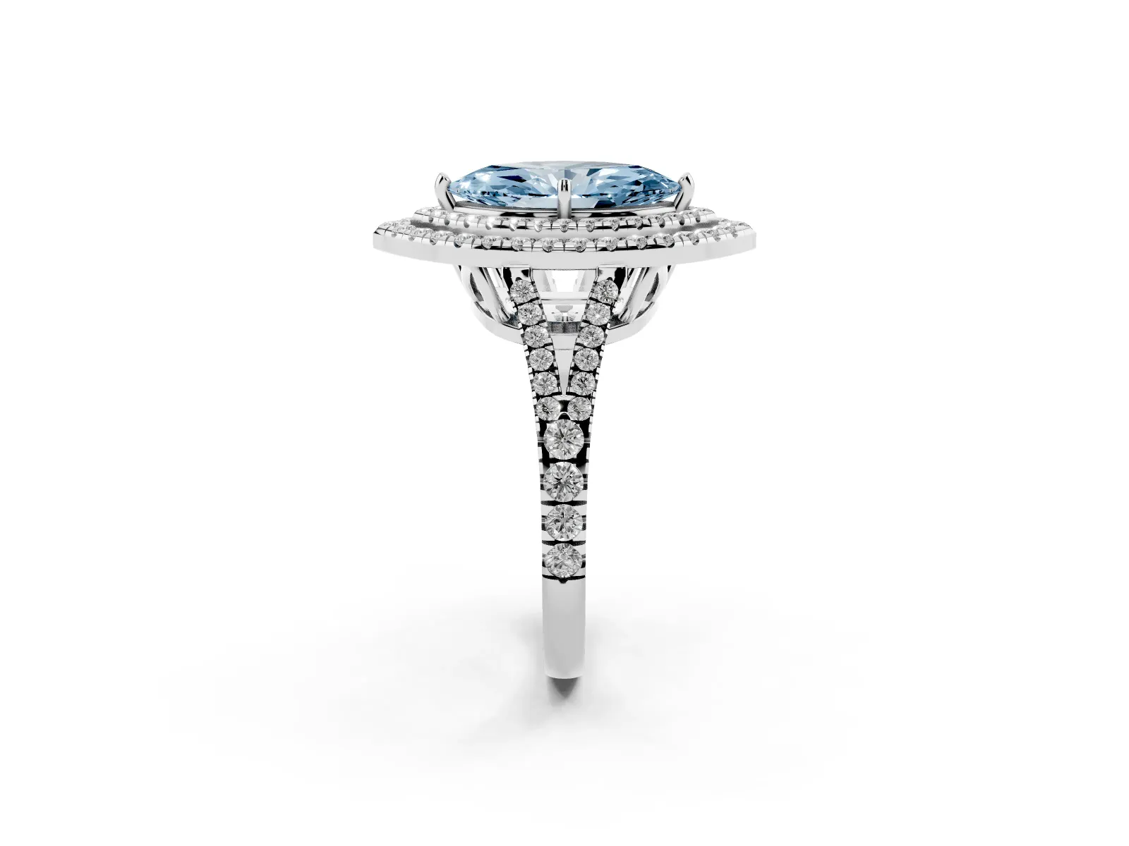 Fancy Blue Marquise Cut Diamond Double Halo Ring with Pavé Band and Prong Setting Platinum