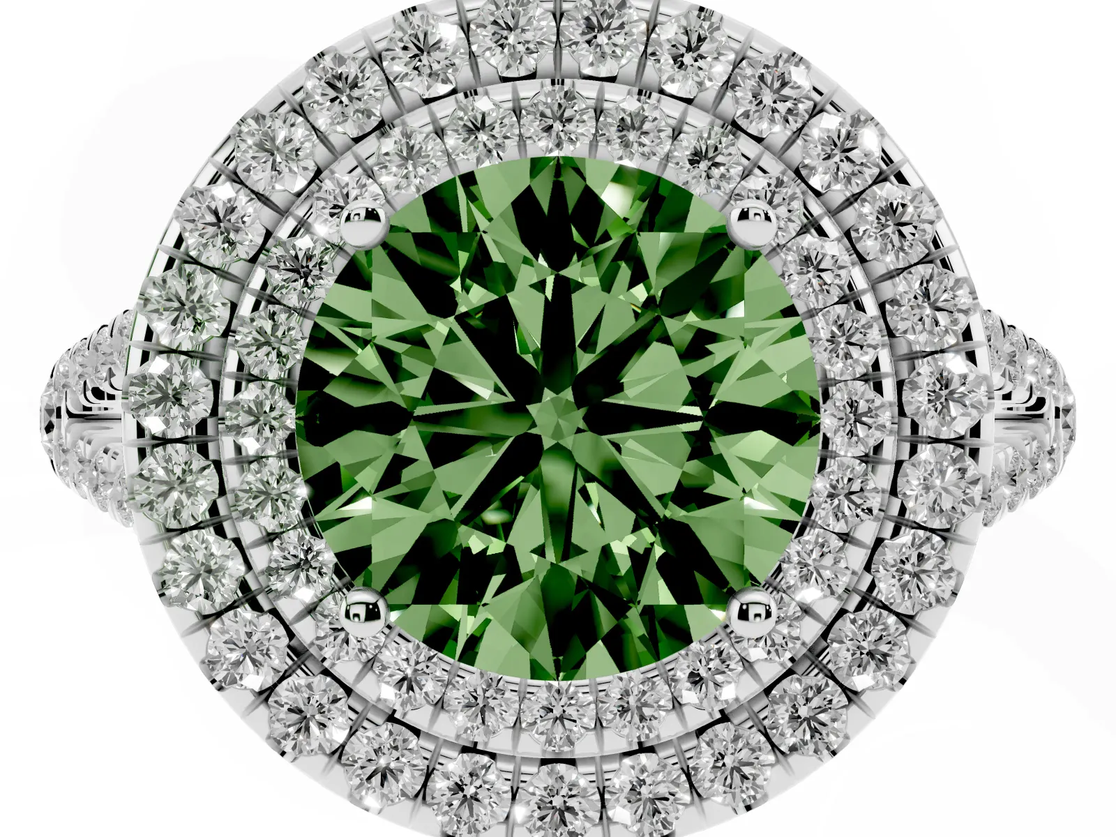 Fancy Green Round Cut Diamond Double Halo Ring with Pavé Band and Prong Setting Platinum