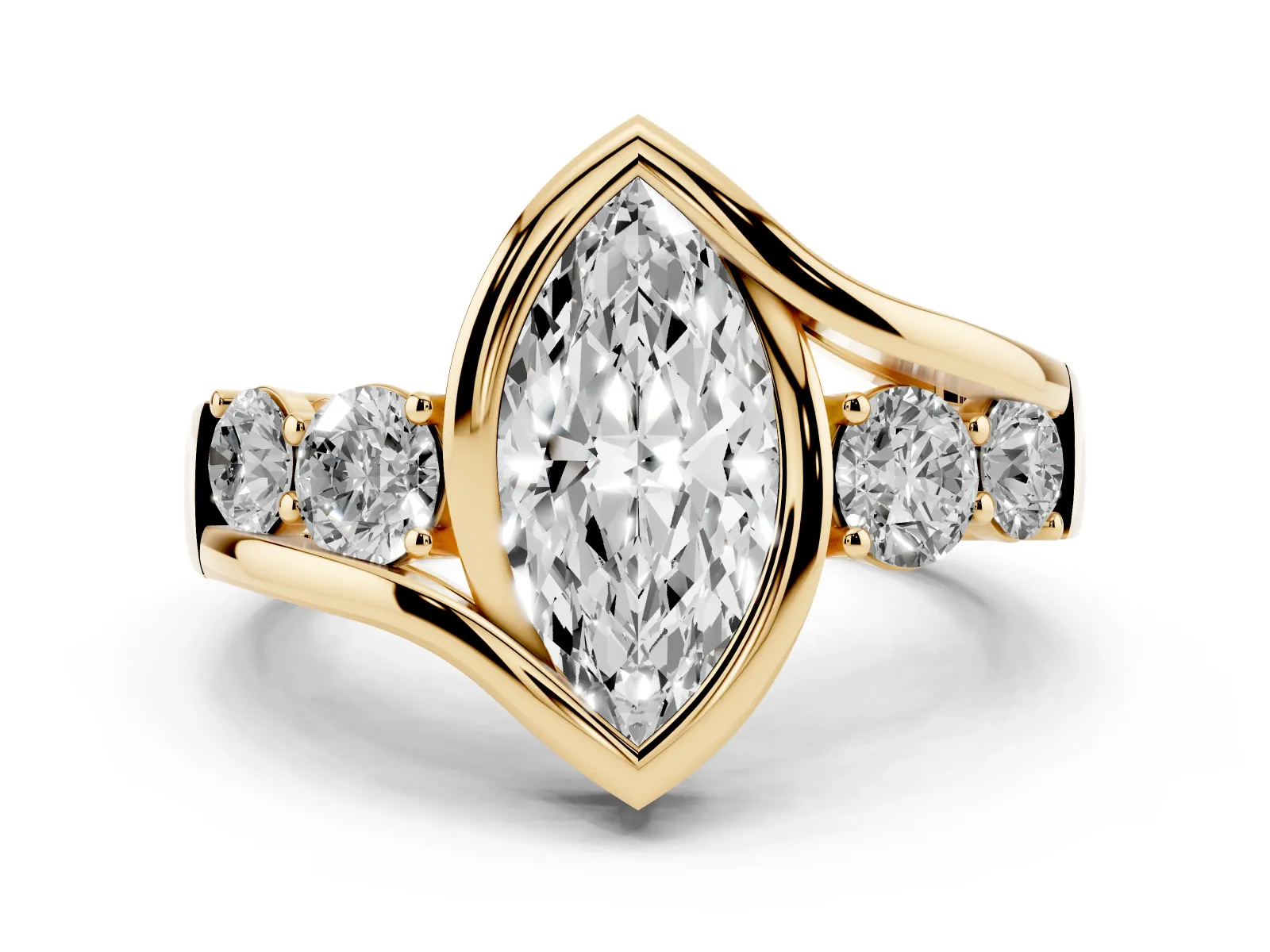 Bezel Set Marquise Cut Diamond Bypass Ring with Round Accents Yellow gold