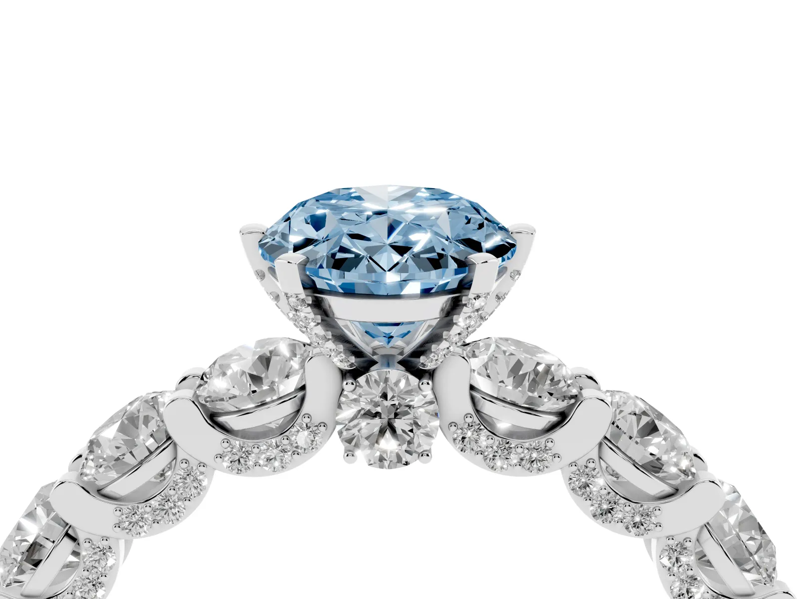 Fancy Blue Oval Cut Diamond Side Stone Engagement Ring with Four-Prong Setting White gold