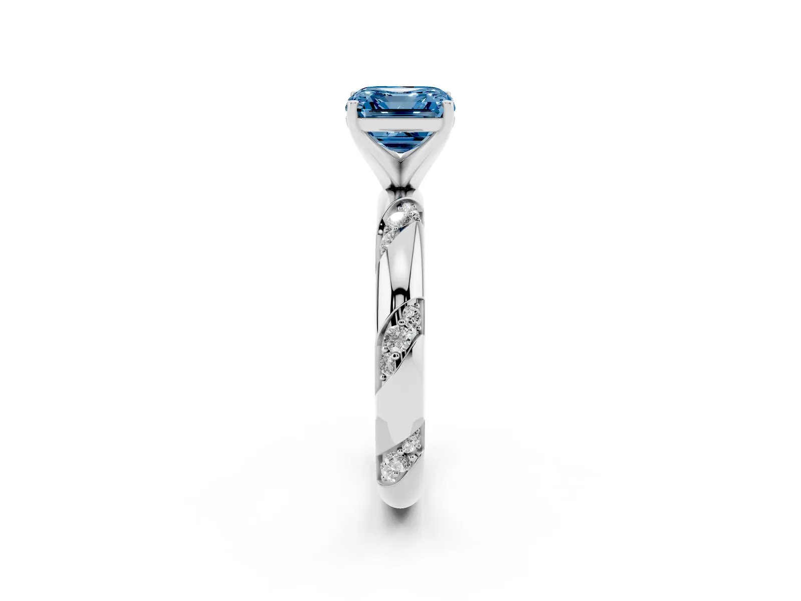 Fancy Blue Asscher Cut Diamond Solitaire Engagement Ring with Twisted Round Accent Band and Prong Setting Platinum