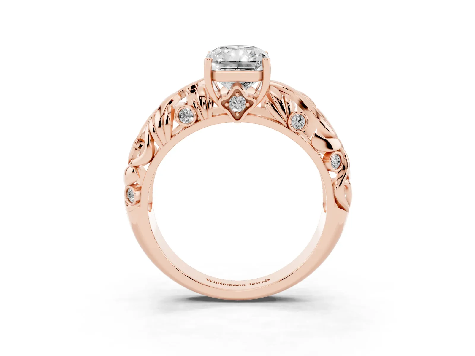 Radiant Cut Solitaire Diamond Leaf-Inspired Vine Band Ring with Prong Setting Rose gold