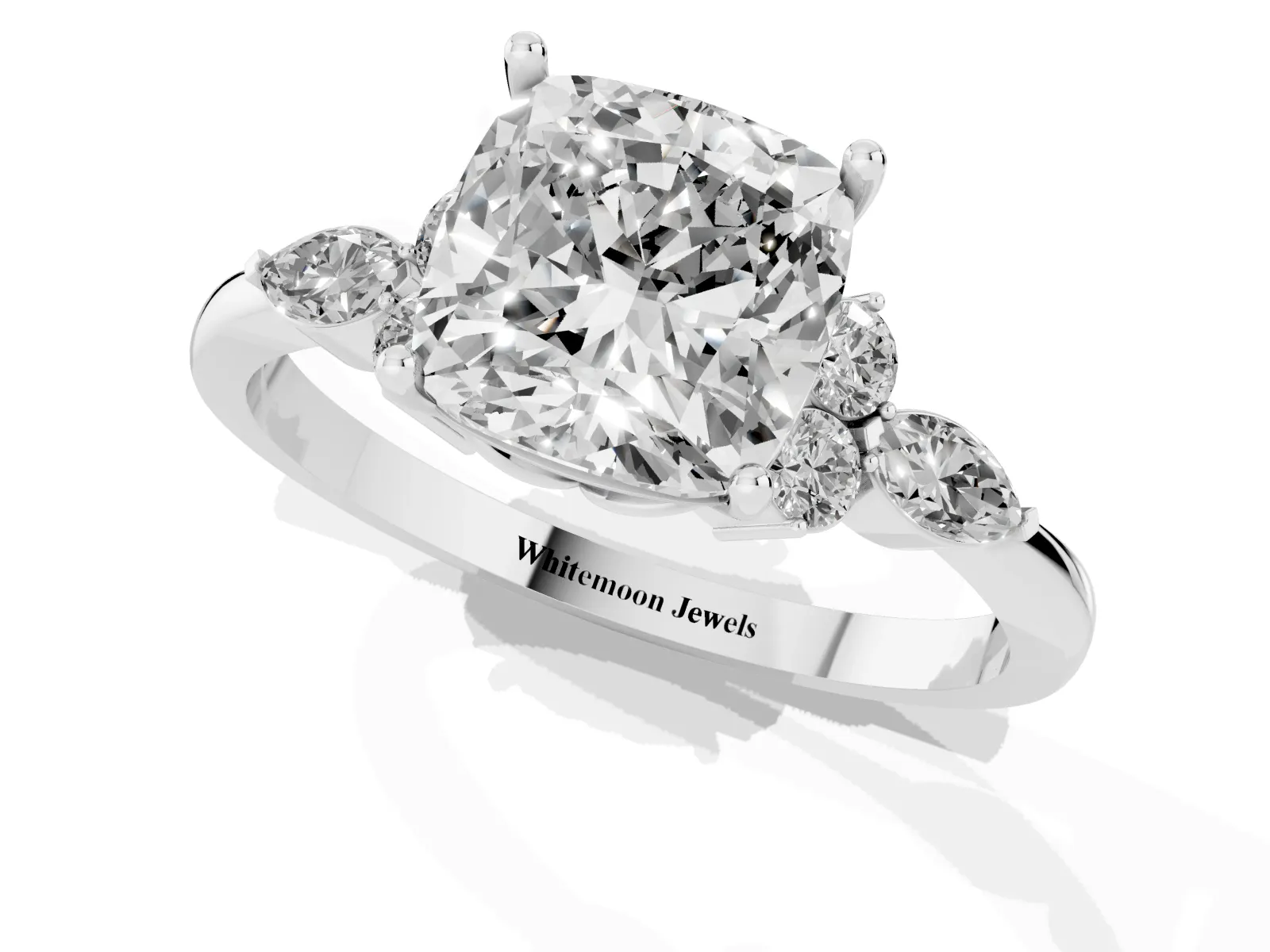 Cushion Cut Brilliant Diamond Solitaire Ring with Pear Side Stones and Four-Prong Setting Platinum