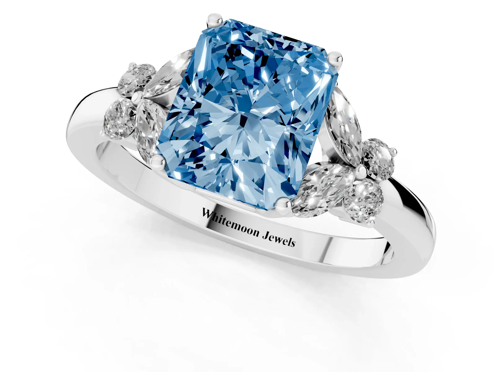 Fancy Blue Radiant Cut Cut Solitaire Floral Diamond Ring with Four-Prong Setting Platinum