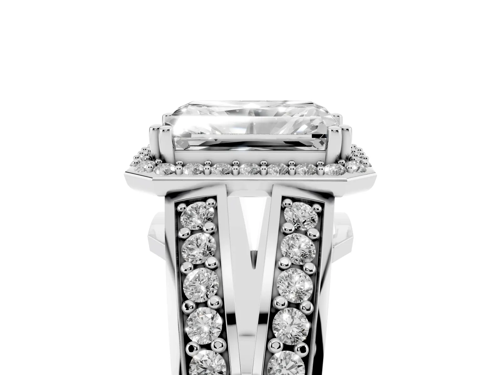 Radiant Cut Diamond Halo Ring with Split Shank Pavé Band and Four-Prong Setting White gold