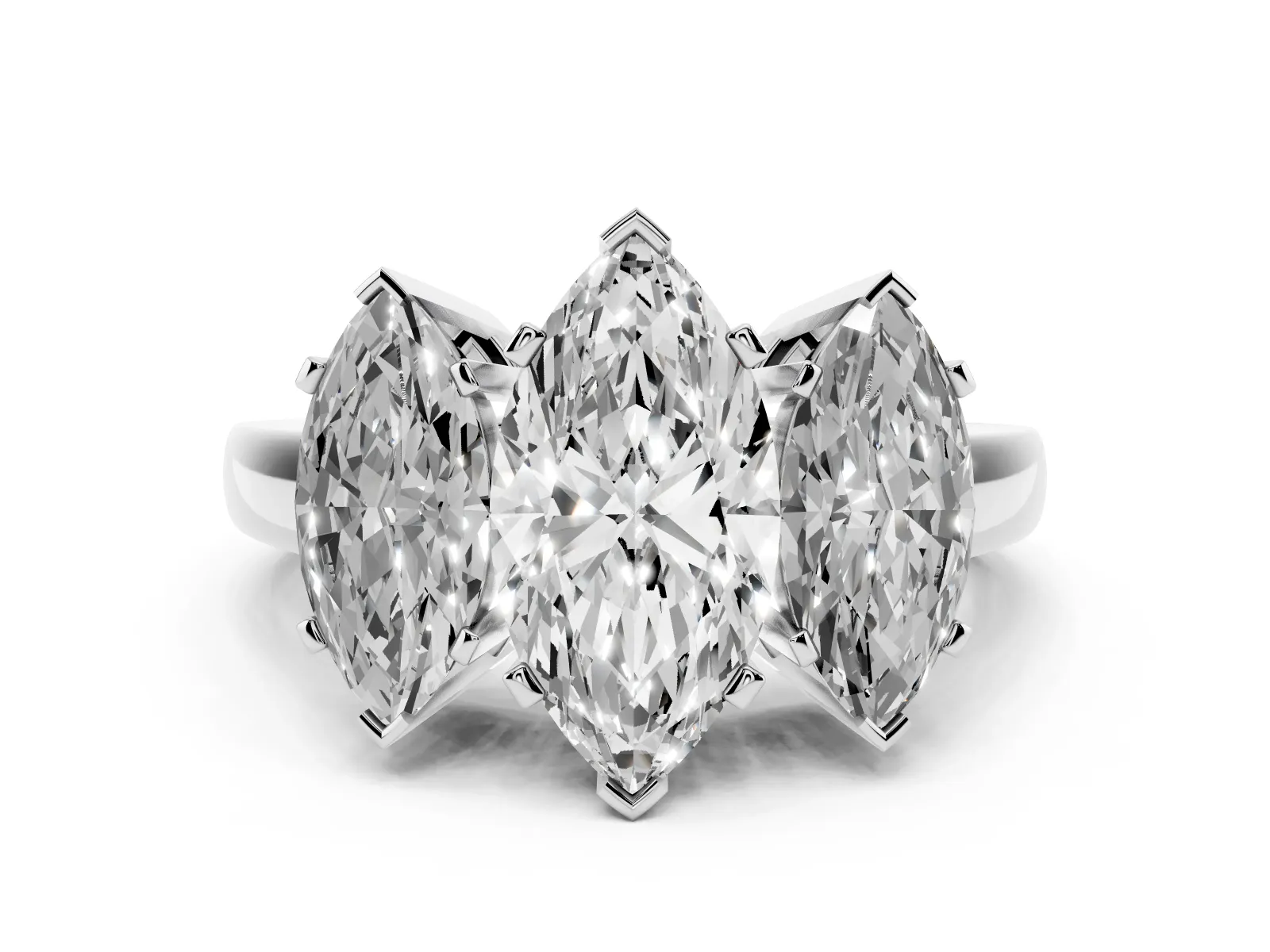 Three-Stone Marquise Cut Cut Diamond Ring with Channel Set Band and Four-Prong Setting Silver