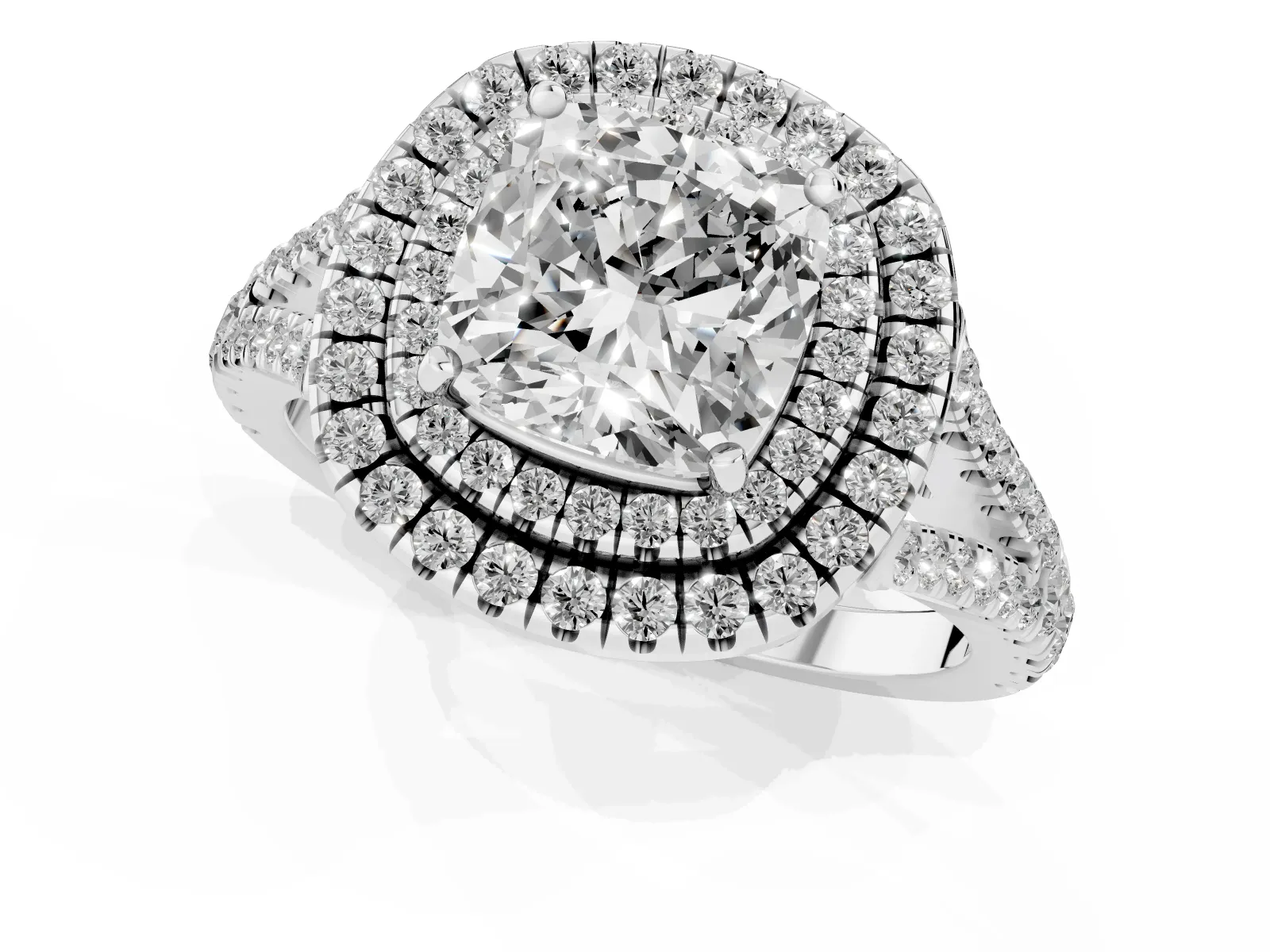 Cushion Cut Diamond Double Halo Ring with Pavé Band and Prong Setting Platinum