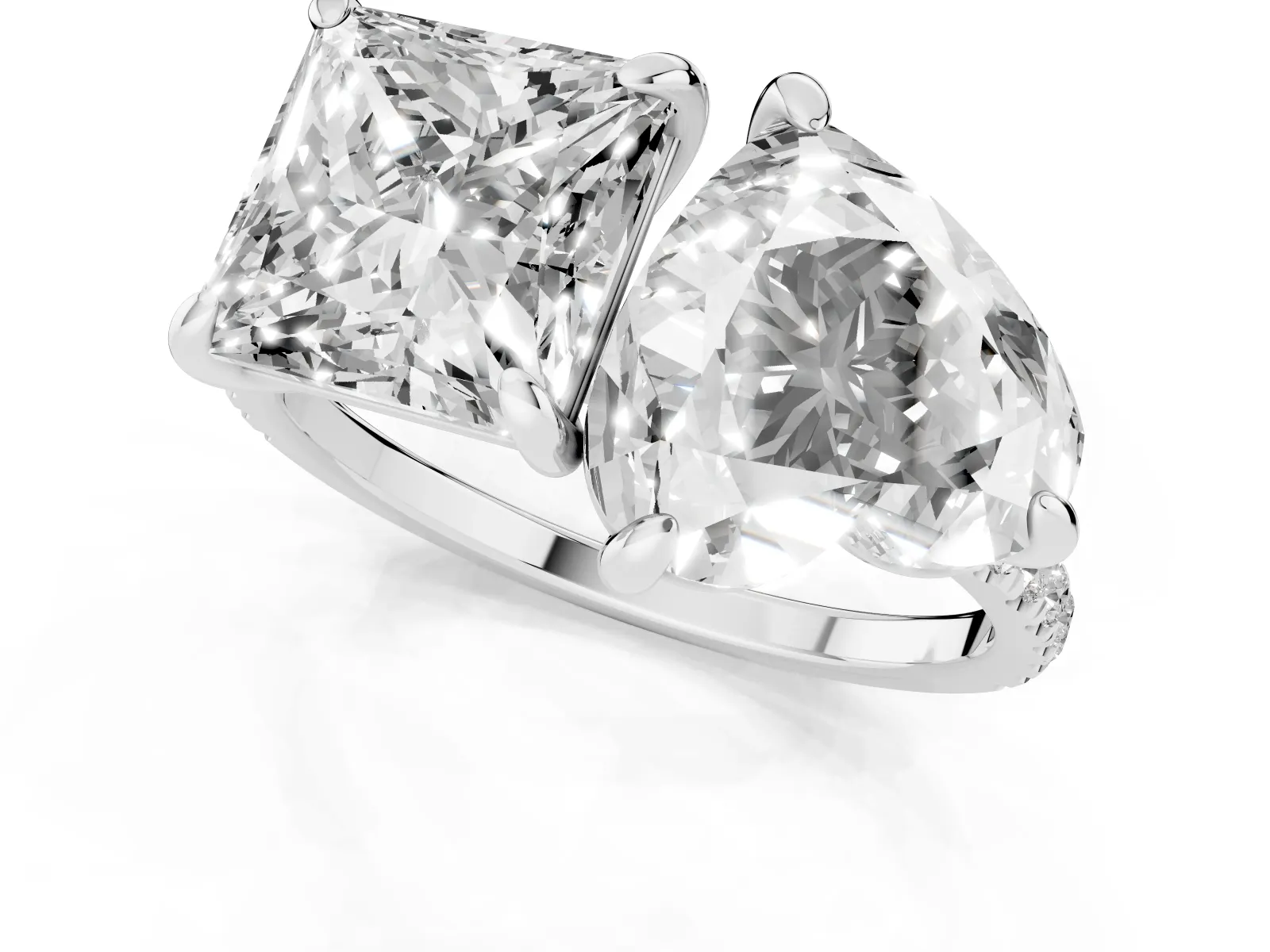 Heart and Princess Toi Moi Ring with Prong Setting and Pave Band Platinum